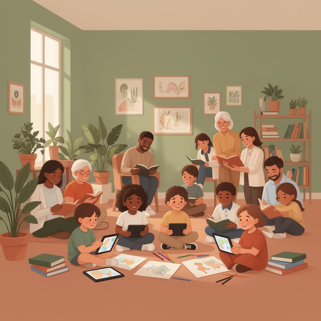 Children, parents and mentors learning together in a calm community space