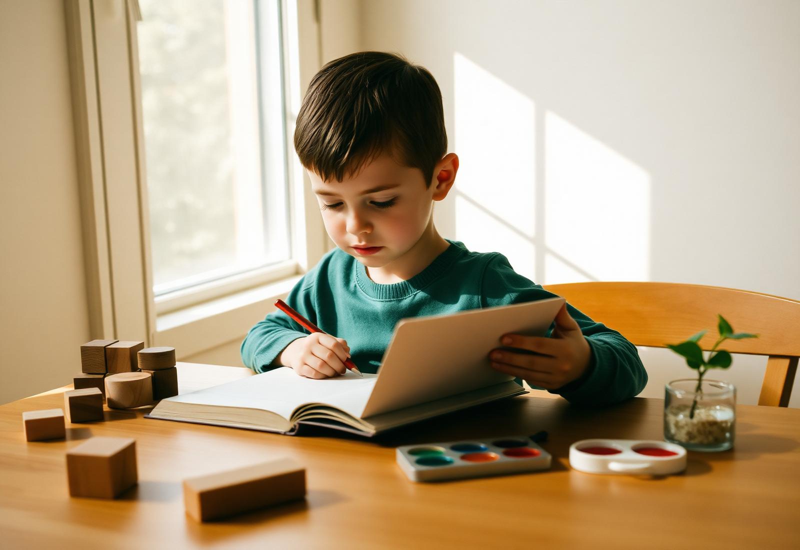 A child working calmly at a sunlit table with a notebook, wooden blocks and watercolours