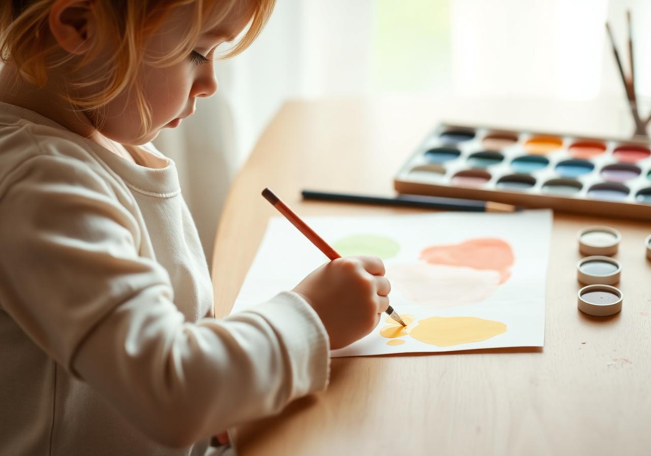 A young child painting with watercolours in soft daylight