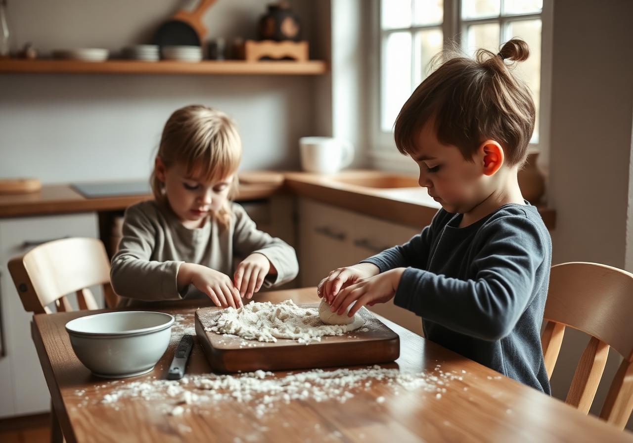 Two children kneading dough together at a wooden kitchen table