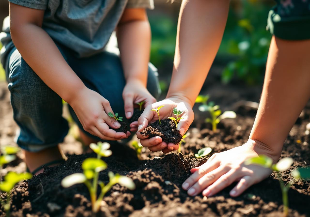 A child and adult planting seedlings together in warm soil