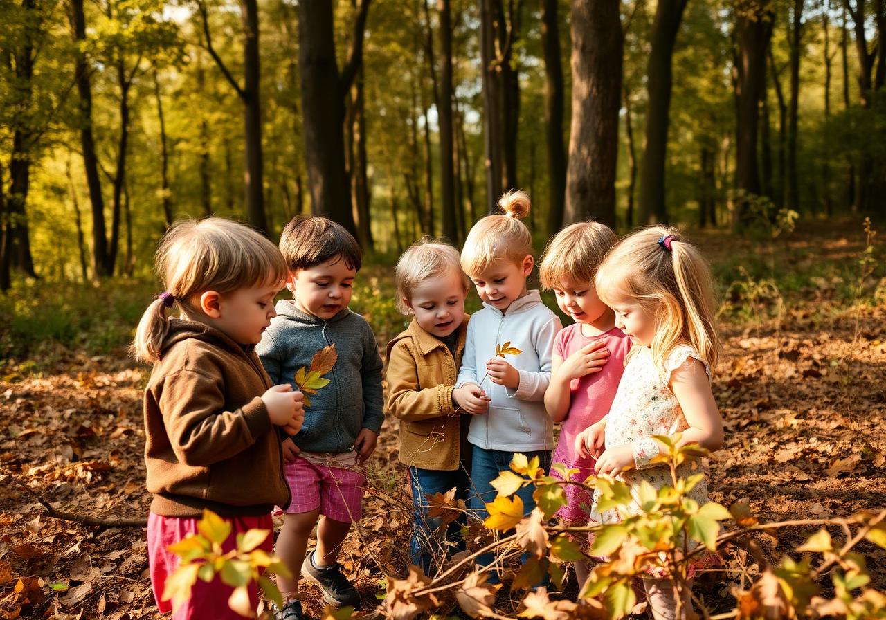 A small group of children gently exploring a sunlit woodland with a calm adult mentor