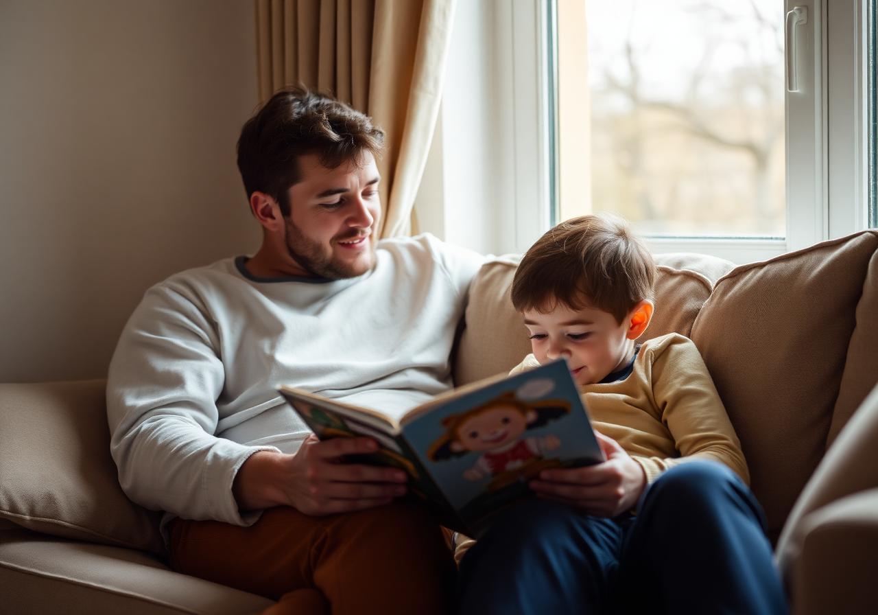 A parent and child reading a picture book together on a sofa by a window