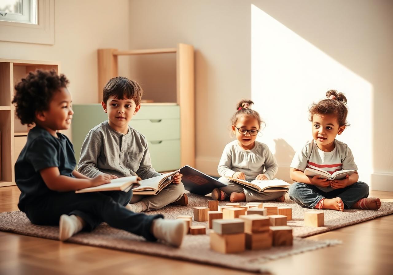 A small calm learning pod of diverse children reading and building together on a rug